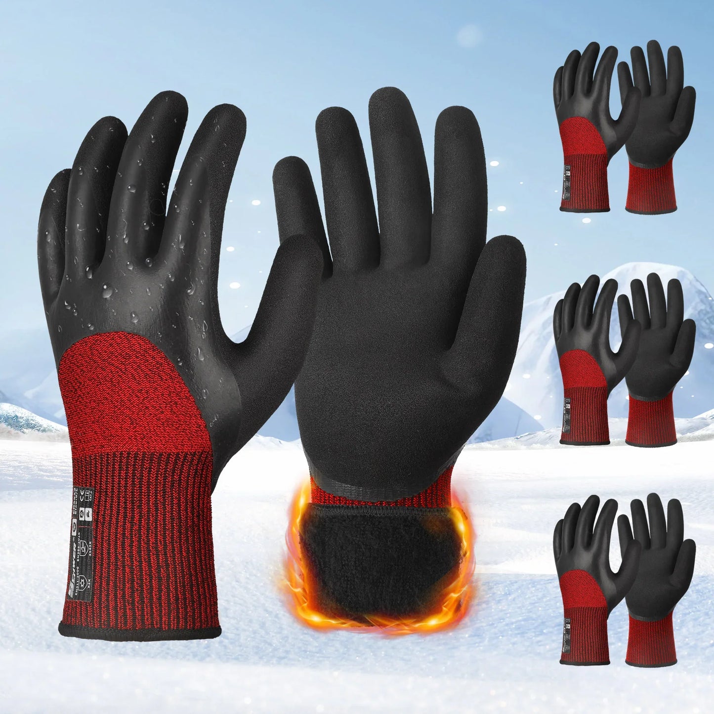 Waterproof insulated winter gloves with black rubber palms and red knit cuffs for cold weather