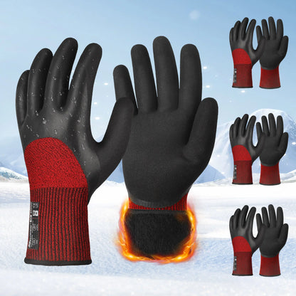 Waterproof insulated winter gloves with black rubber palms and red knit cuffs for cold weather