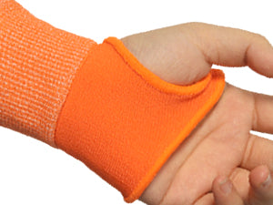 Orange wrist support brace on a person's wrist