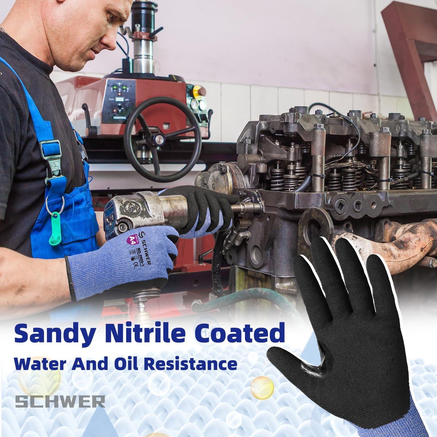Mechanic wearing blue sandy nitrile coated gloves using power tool on engine in workshop