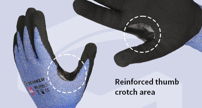 Gloves with a focus on the reinforced thumb crotch area on a light blue background