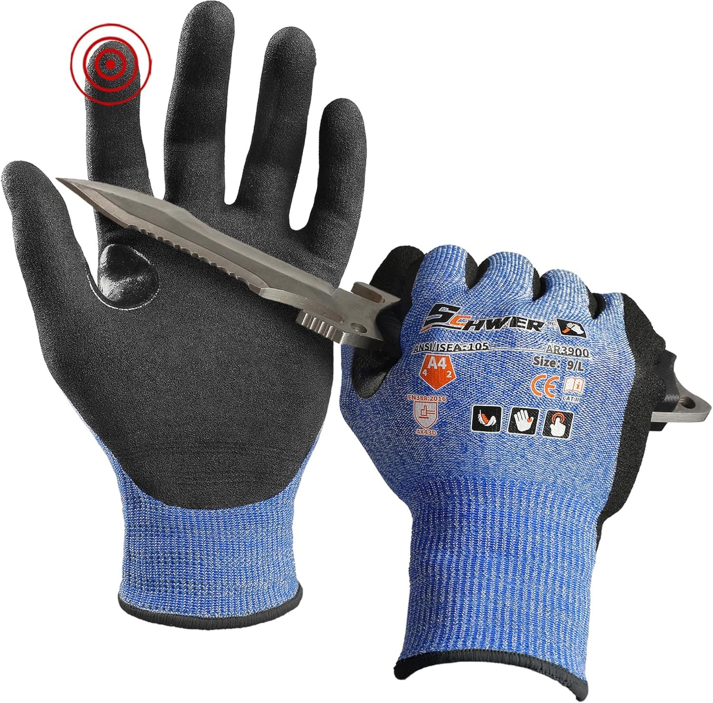 Pair of blue and black Schwer PFAS free cut-resistant gloves with tag and ANSI A4 rating