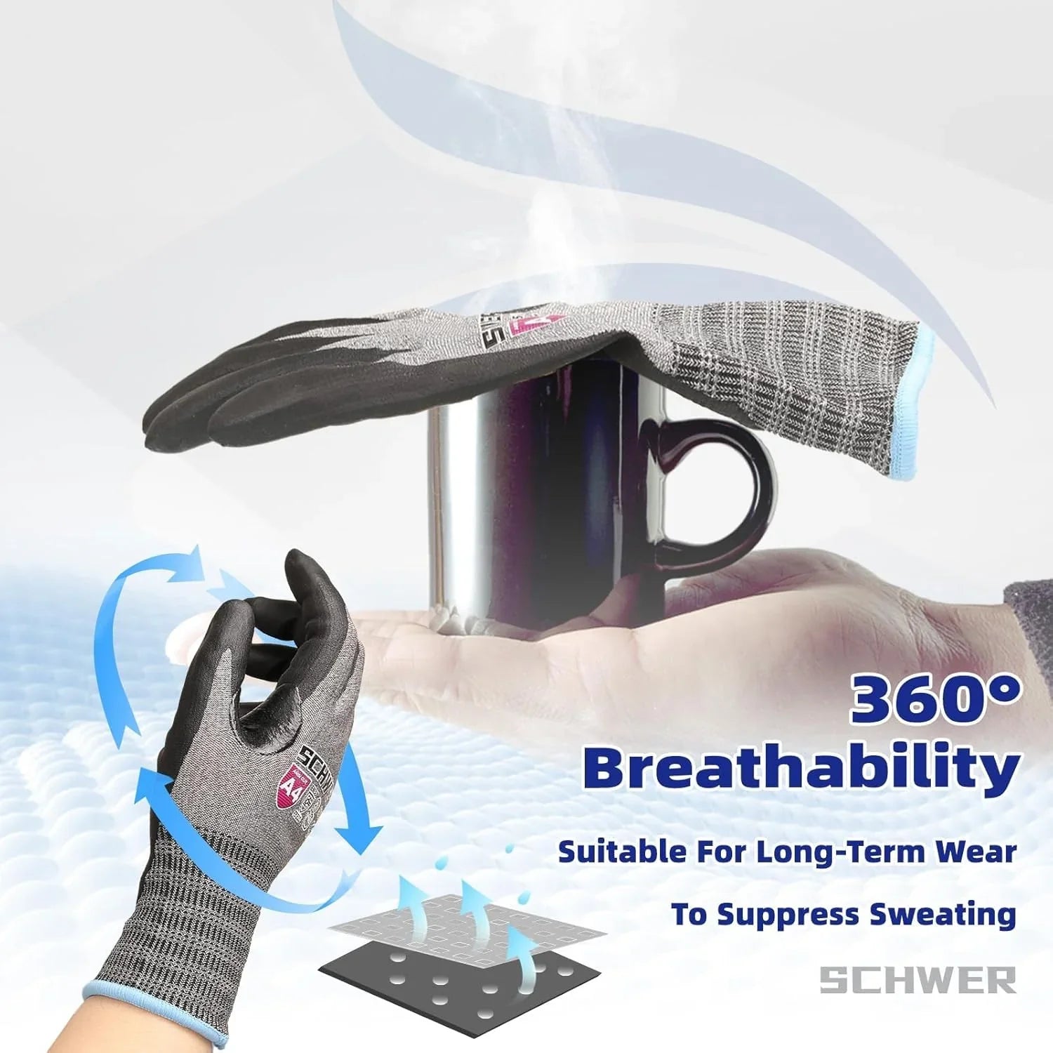 Cut-resistant work gloves with 360-degree breathability suppress sweating, shown on hand holding mug
