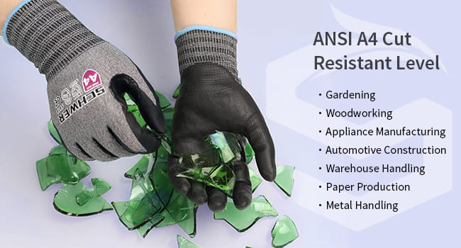 Gloves cutting green material with text on ANSI A4 cut resistance level and industries.