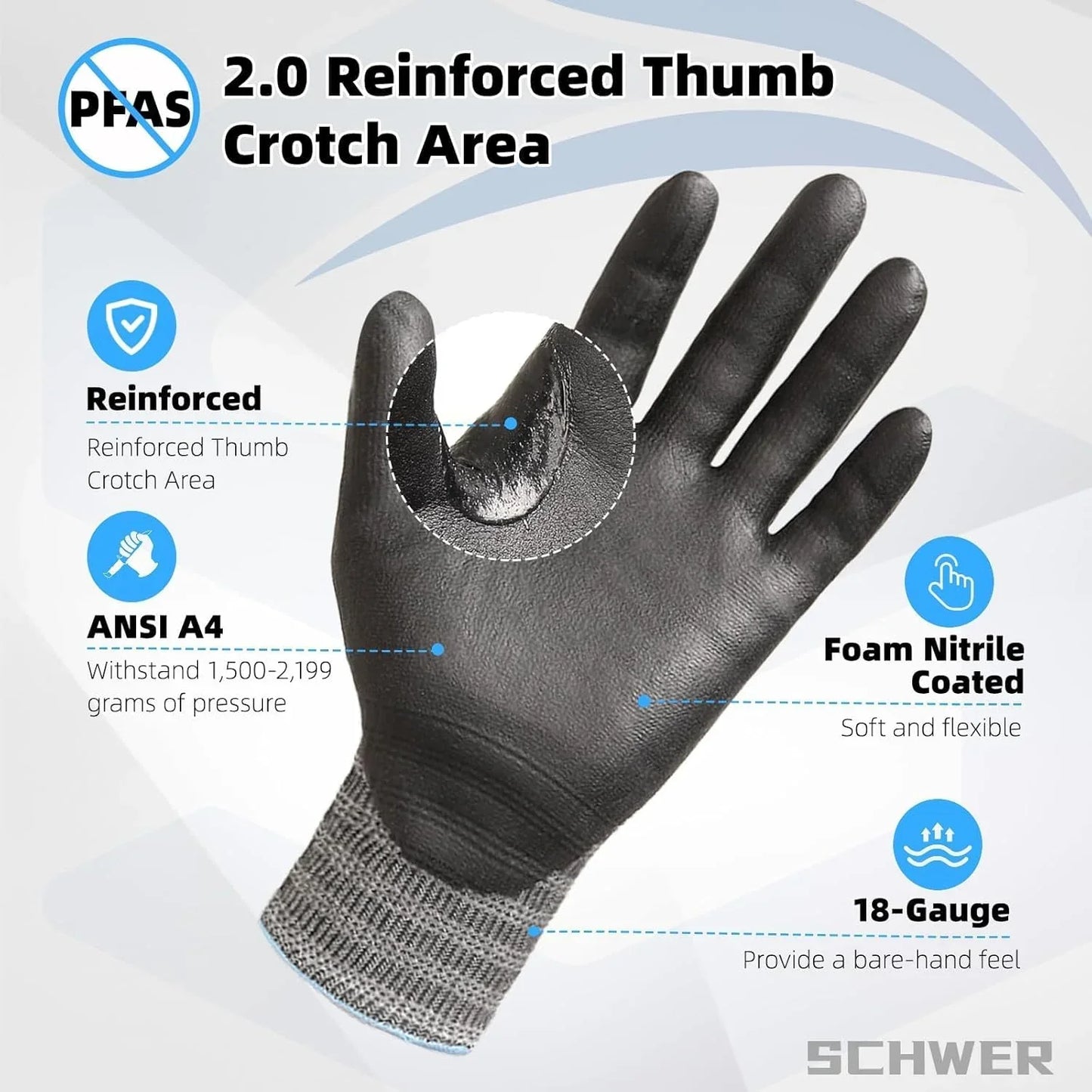 Black work glove with reinforced thumb crotch, foam nitrile coated, ANSI A4 protection, 18-gauge knit cuff