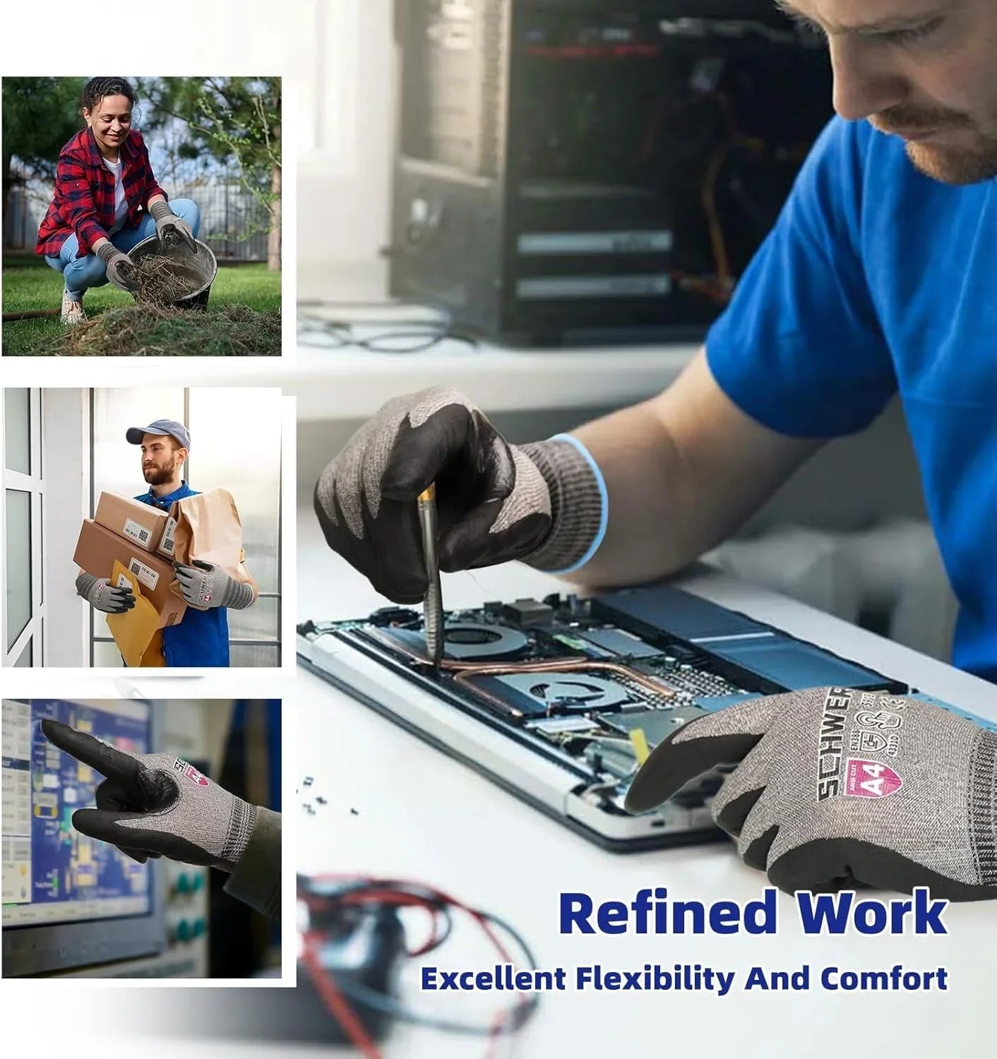 Person wearing Schwesergloves A4 safety gloves assembling computer internals and working in various tasks