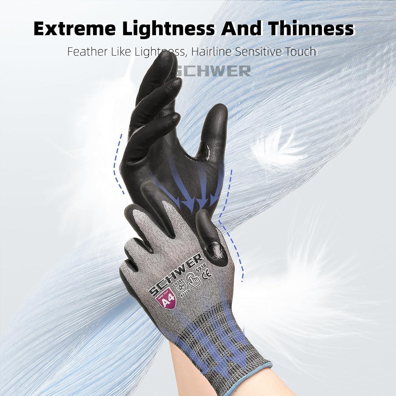 Pair of lightweight, thin SCHWER protective gloves with anti-cut A4 rating and feather background