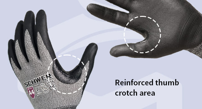 Glove with reinforced thumb crotch area highlighted on a light blue background