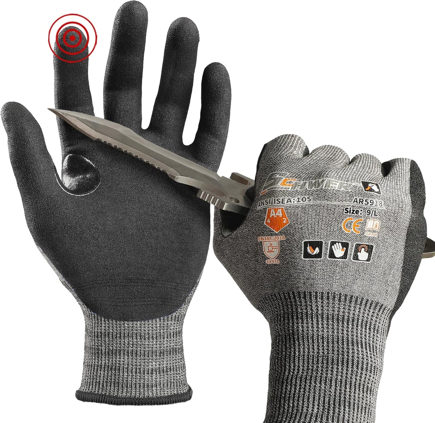 Pair of Schwer ANSI A4 cut-resistant work gloves with black grip, shown on hands, one holding a folding knife