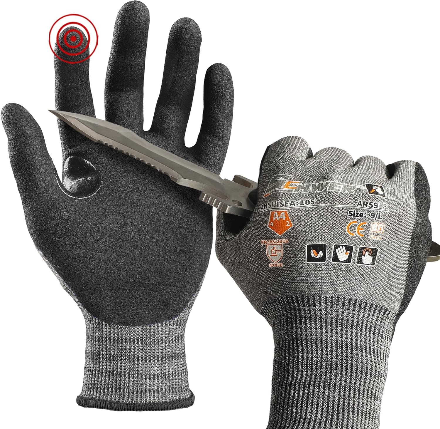 Pair of Schwer ANSI A4 cut-resistant work gloves with black grip, shown on hands, one holding a folding knife