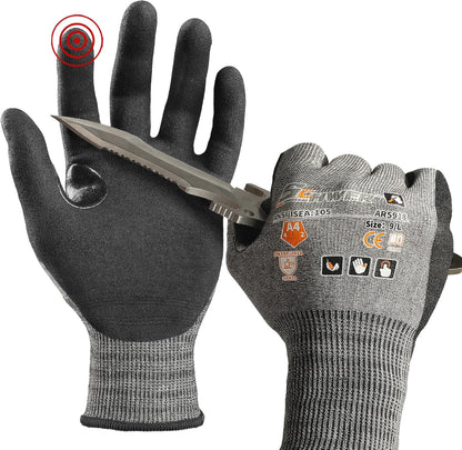 Pair of Schwer ANSI A4 cut-resistant work gloves with black grip, shown on hands, one holding a folding knife