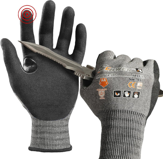 Pair of Schwer ANSI A4 cut-resistant work gloves with black grip, shown on hands, one holding a folding knife